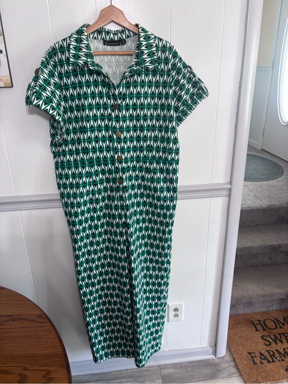New York & Company Green and White Geometric Short-Sleeve Jumpsuit